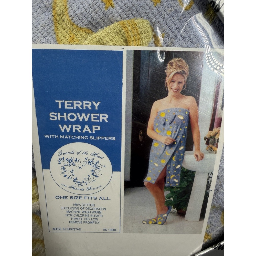 Vintage Y2K Celestial Terry Shower Wrap & Slippers Sun Moon Stars Clouds NOS
